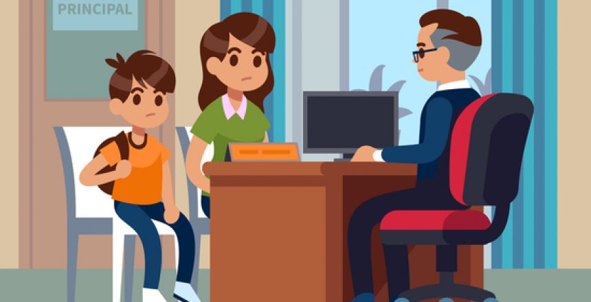 Principal school. Parents kids teacher meeting in office. Unhappy mom, son talk with angry principal. School education vector image