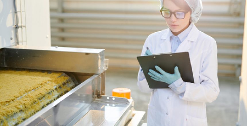 Portrait of  young woman working at factory and controlling food production standing by macaroni conveyor belt, copy space